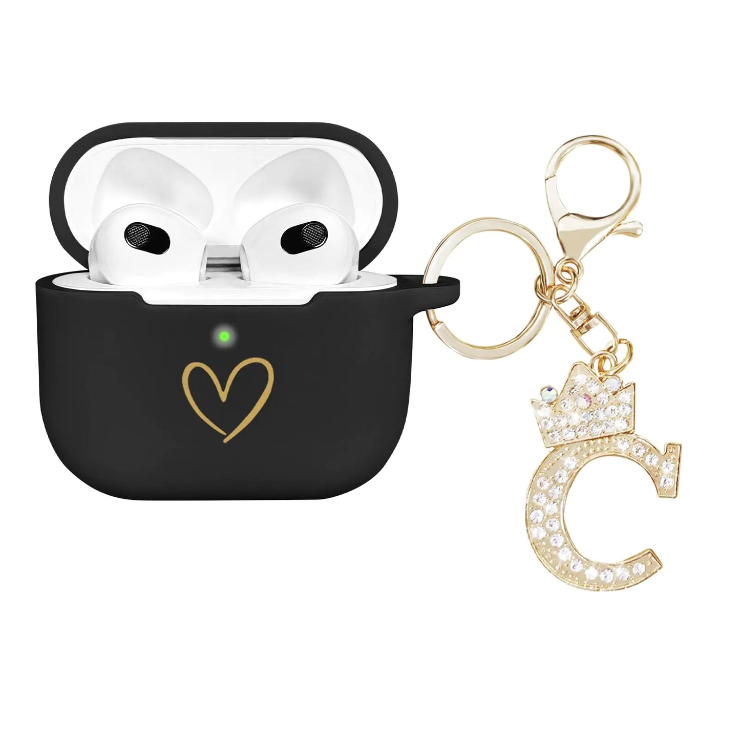 AIIEKZ Compatible with AirPods 3 Case Cover 2021 Soft Silicone Case with Gold Heart Pattern for AirPods 3rd Generation Case with Rhinestone Studded Letter A-Z Keychain (C Black)