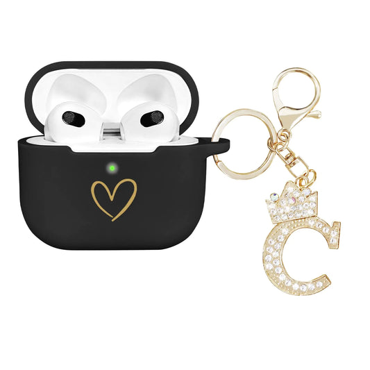 AIIEKZ Compatible with AirPods 3 Case Cover 2021 Soft Silicone Case with Gold Heart Pattern for AirPods 3rd Generation Case with Rhinestone Studded Letter A-Z Keychain (C Black)