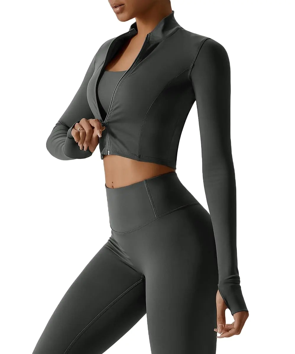 Yknktstc Womens Full Zip Athletic Jacket with Thumbhole Long Sleeve Crop Top Running Workout Yoga Sportswear Shirt XL Deep Gray