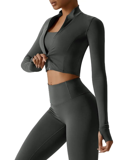 Yknktstc Womens Full Zip Athletic Jacket with Thumbhole Long Sleeve Crop Top Running Workout Yoga Sportswear Shirt XL Deep Gray