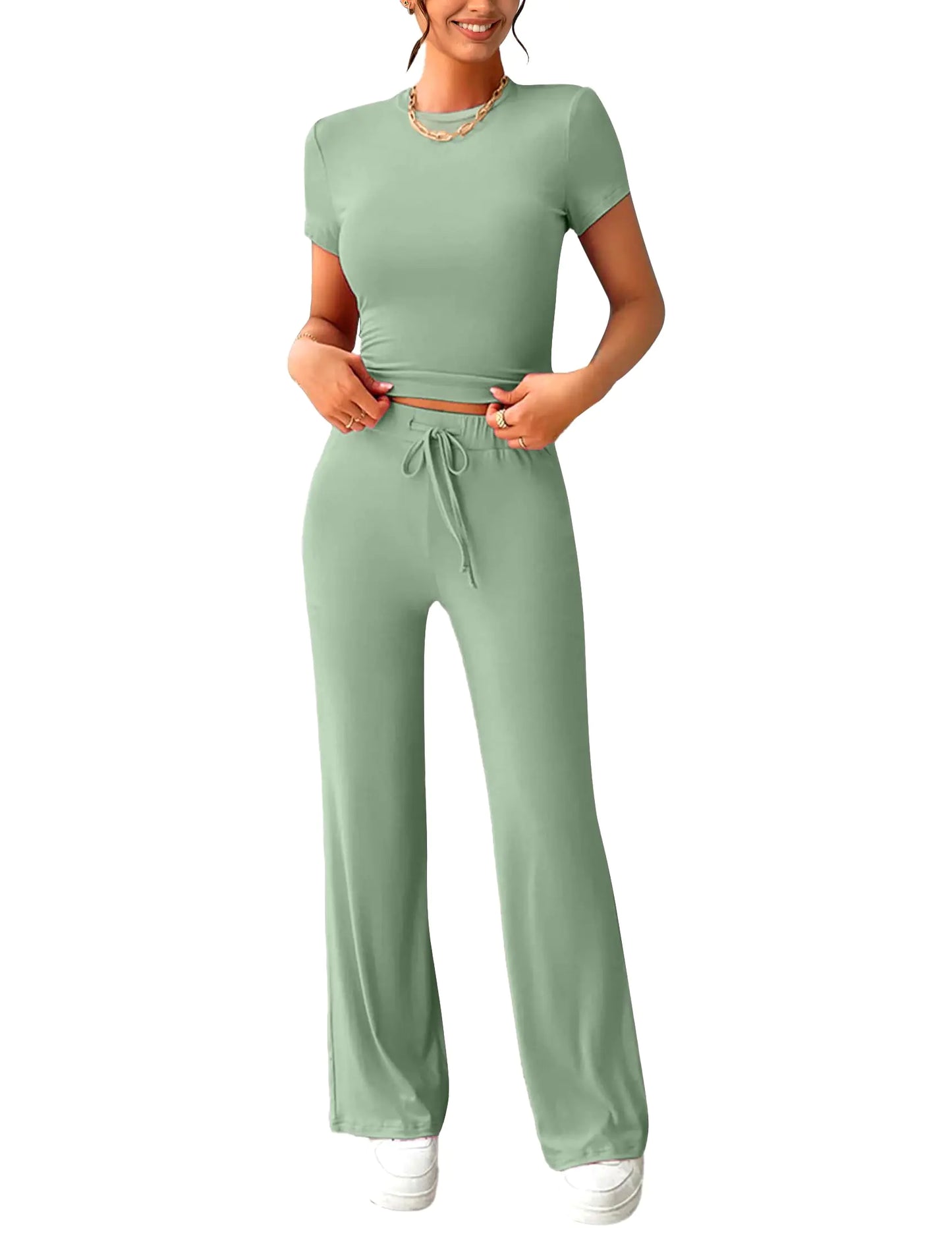 FKEEP Womens 2 Piece Lounge Outfits Sets - Slim Short Sleeve Crop Top & Straight Leg Pants Tracksuit - Casual Yoga Sweatsuit - Versatile Matching Sets for Gym Travel - Comfortable & Stylish Wear